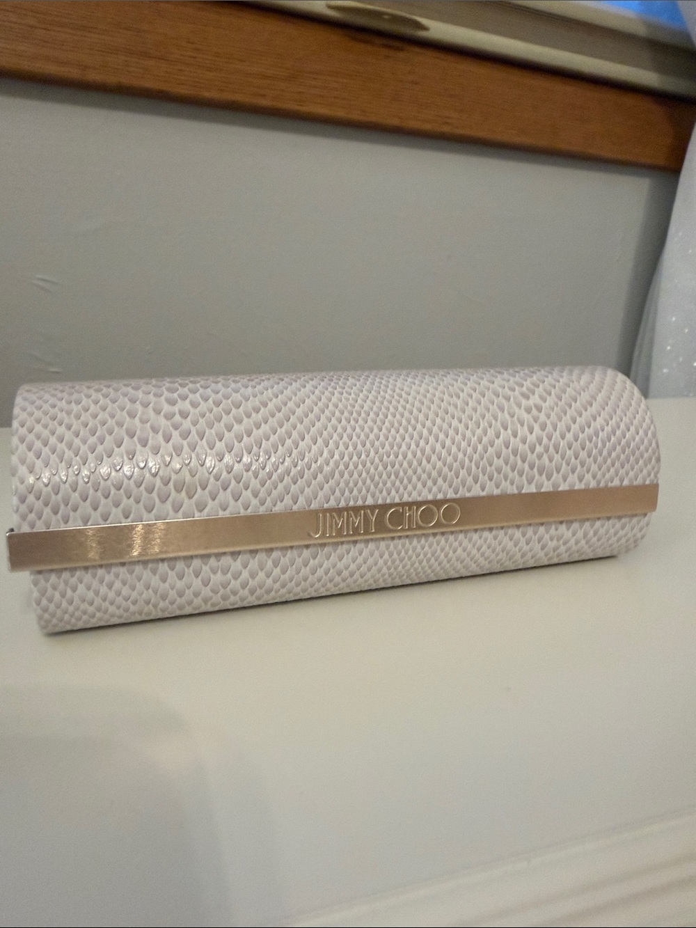 Jimmy Choo White Snake-Embossed Eyewear Case with Gold Trim